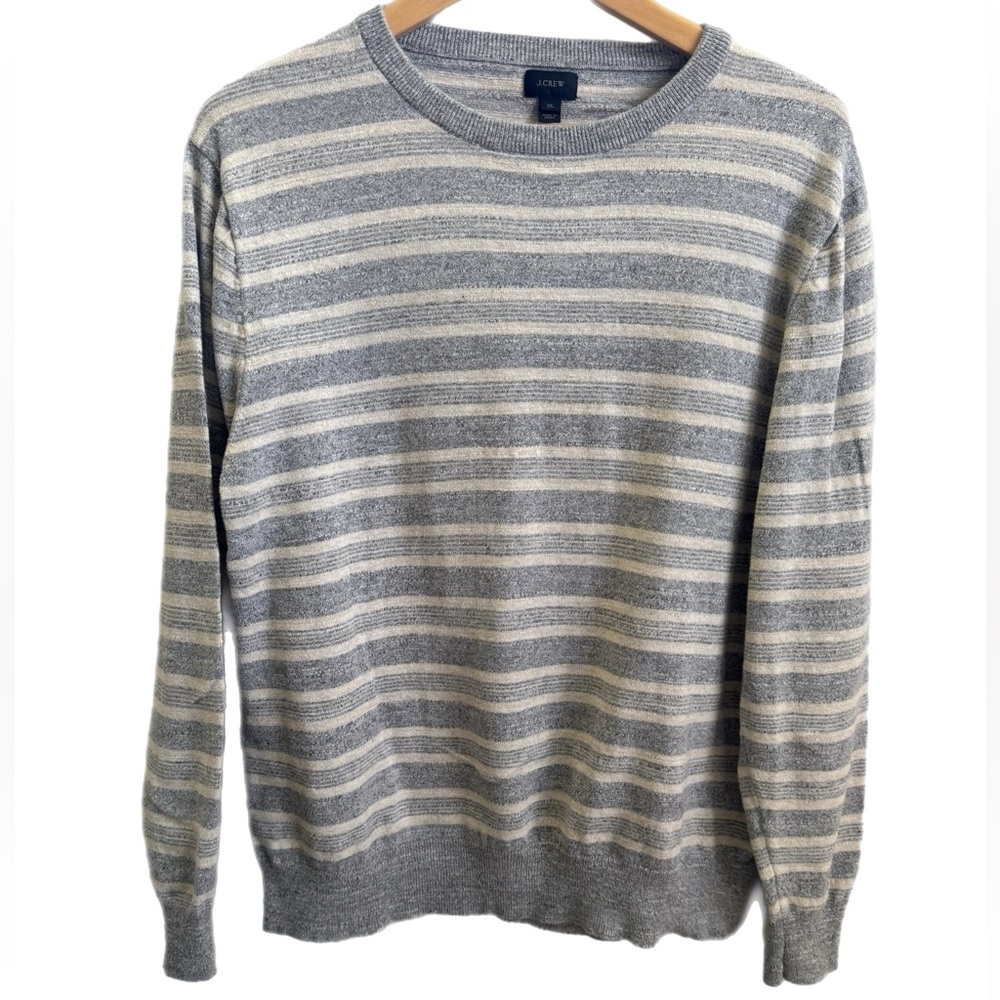 J. Crew Men’s Gray and Cream Crewneck Sweater with Stripes